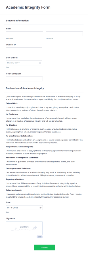 Academic Integrity Form Template