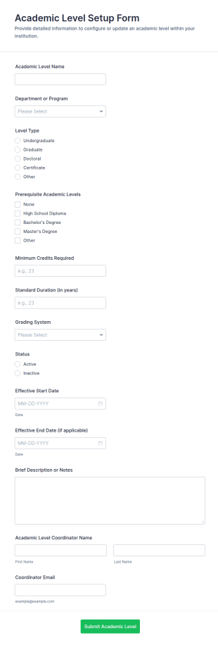Academic Level Setup Form Template