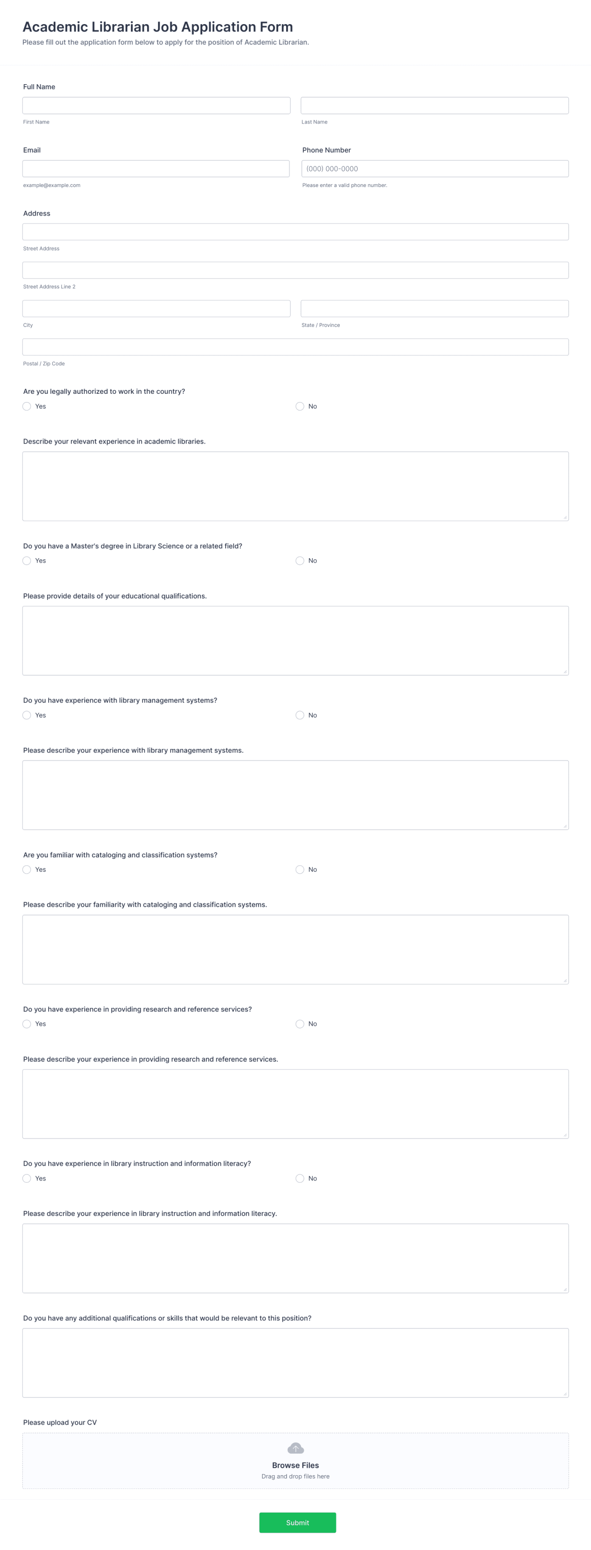 Academic Librarian Job Application Form Template | Jotform