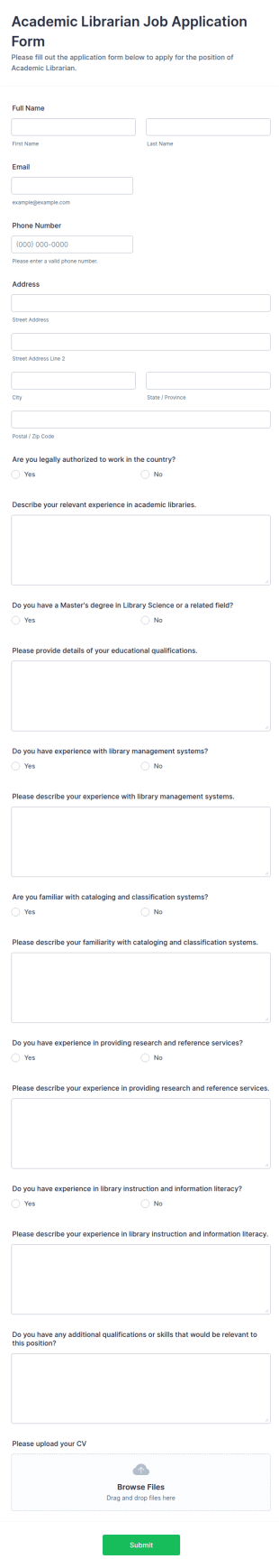 Academic Librarian Job Application Form Template