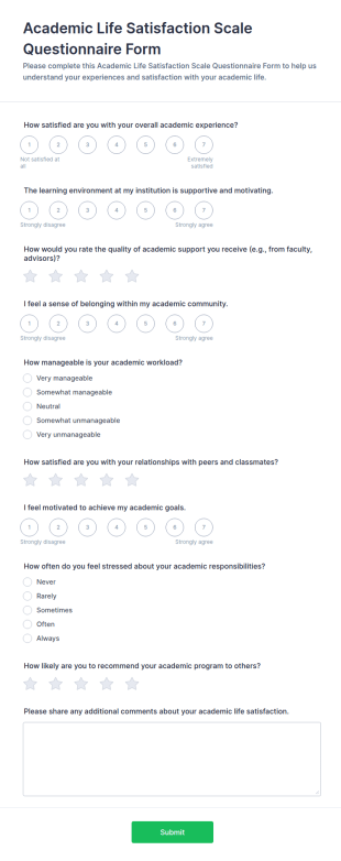 Academic Life Satisfaction Scale Questionnaire Form Template