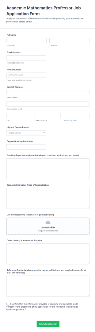 Academic Mathematics Professor Job Application Form Template