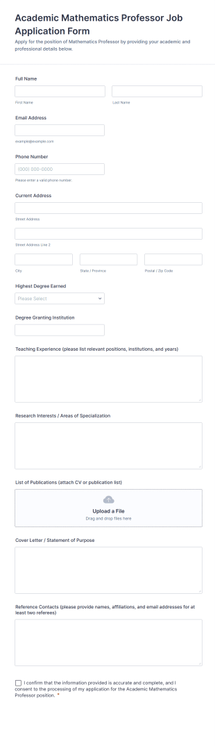 Academic Mathematics Professor Job Application Form Template
