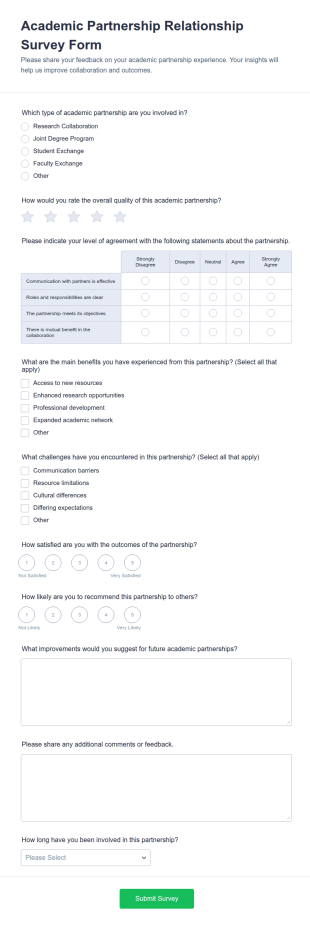 Academic Partnership Relationship Survey Form Template