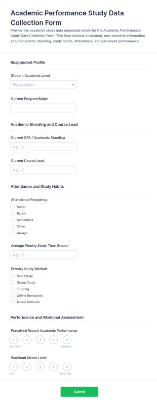 Academic Performance Study Data Collection Form Template