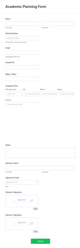 Academic Planning Form Template