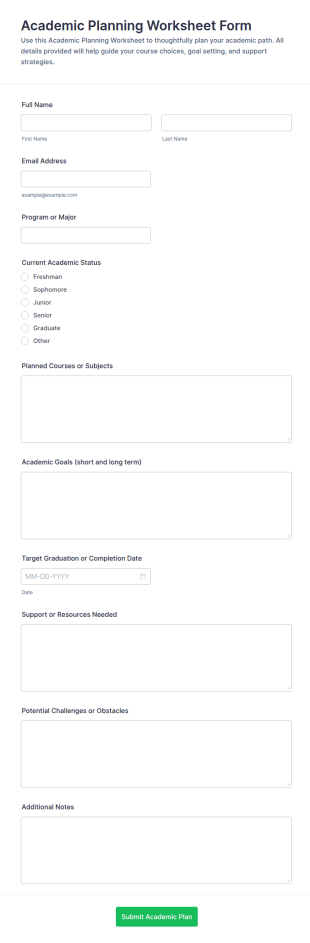 Academic Planning Worksheet Form Template