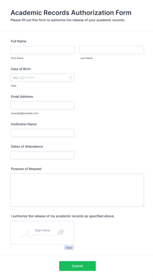 Academic Records Authorization Form Form Template
