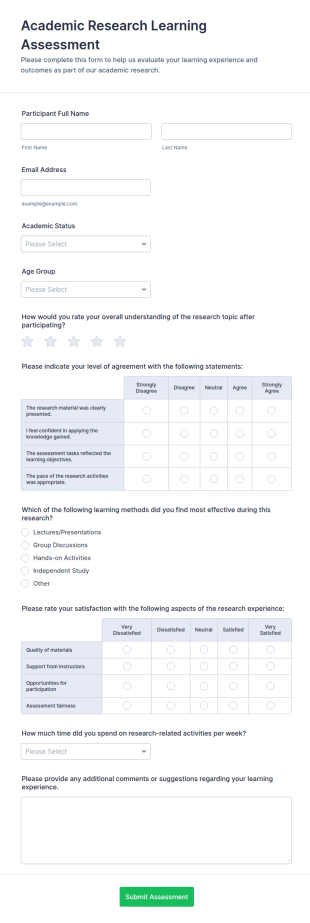 Academic Research Learning Assessment Form Template
