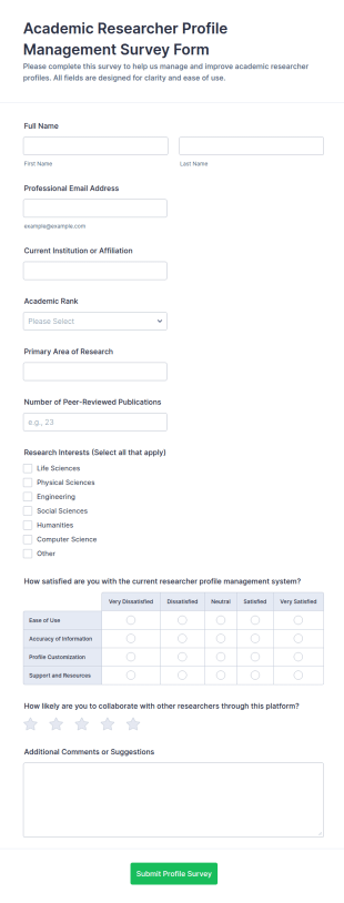 Academic Researcher Profile Management Survey Form Template