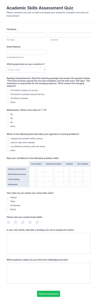 Academic Skills Assessment Quiz Form Template