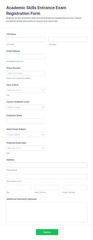 Academic Skills Entrance Exam Registration Form Template