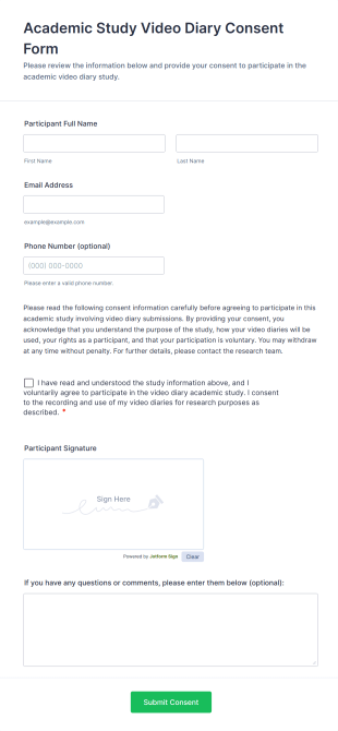 Academic Study Video Diary Consent Form Template