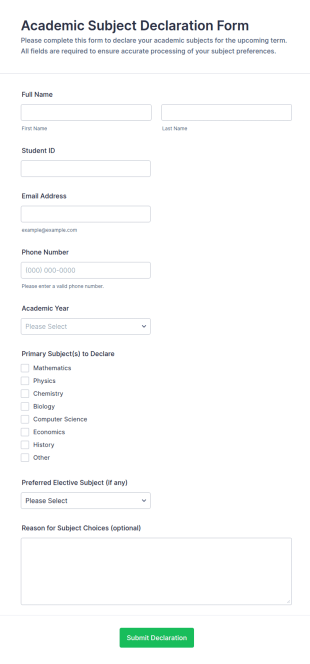 Academic Subject Declaration Form Template