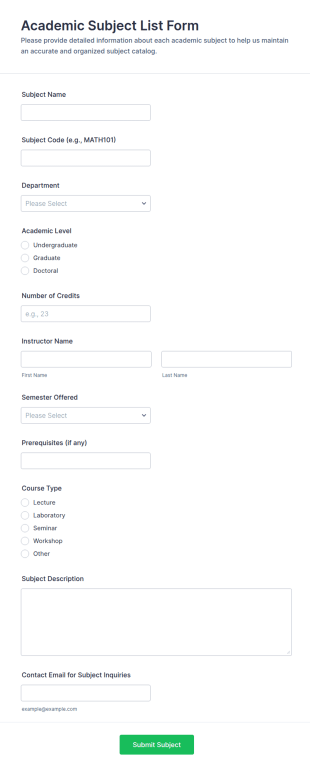 Academic Subject List Form Template