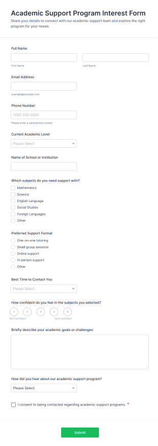 Academic Support Program Interest Form Template