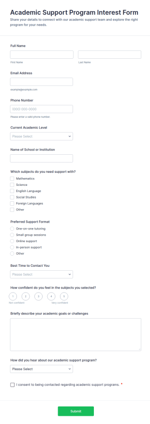 Academic Support Program Interest Form Template