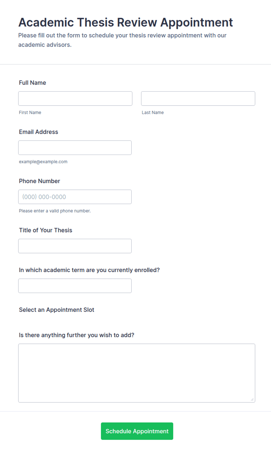Academic Thesis Review Appointment Form Template | Jotform