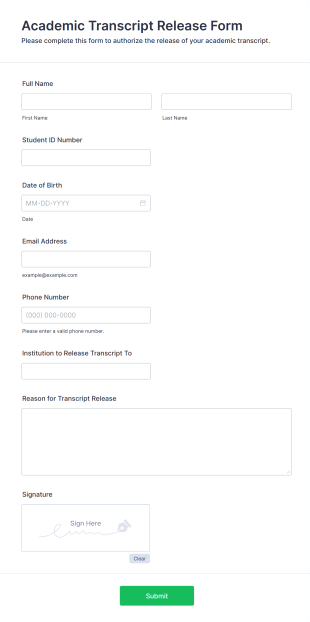 Academic Transcript Release Form Form Template