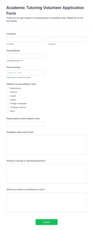 Academic Tutoring Volunteer Application Form Form Template