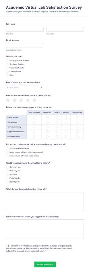 Academic Virtual Lab Satisfaction Survey Form Template