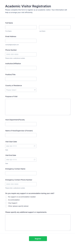 Academic Visitor Registration Form Template