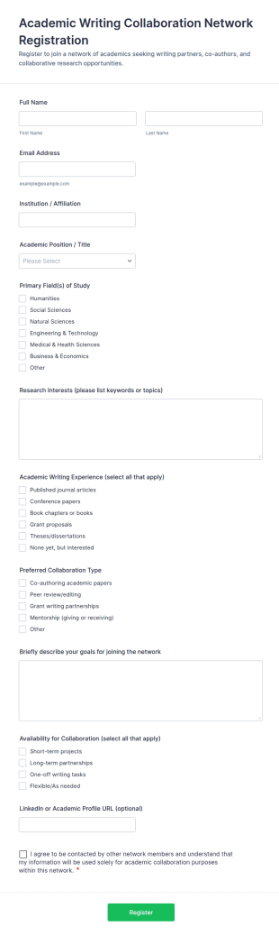 Academic Writing Collaboration Network Registration Form Template