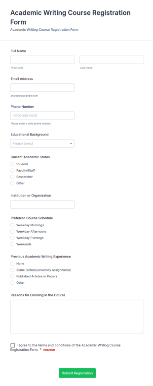 Academic Writing Course Registration Form Template