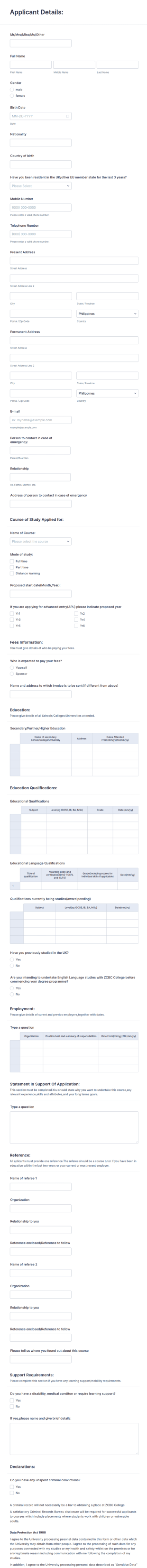 Academy Application Form Template