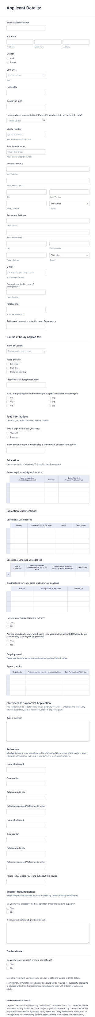 Academy Application Form Template