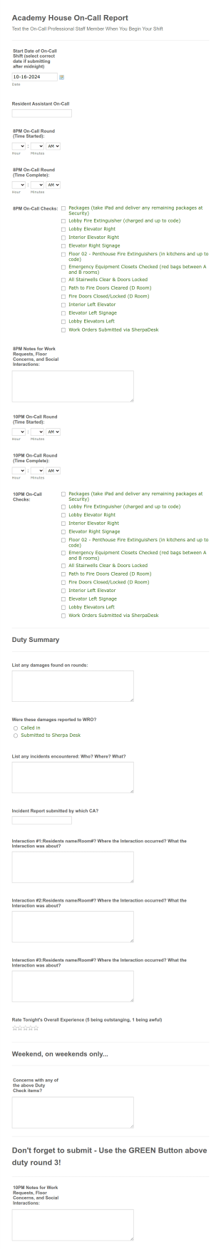 Academy House On Call Report Form Template