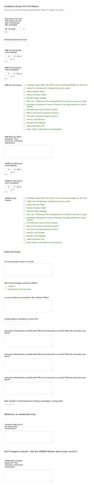Academy House On Call Report Form Template