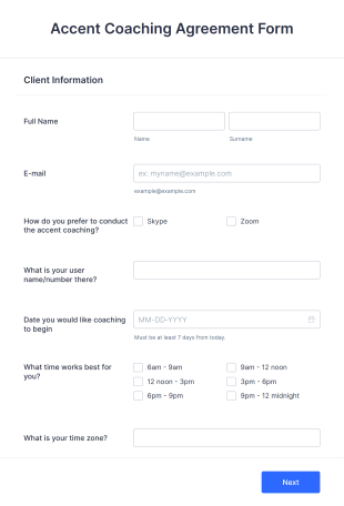 Accent Coaching Agreement Form Form Template
