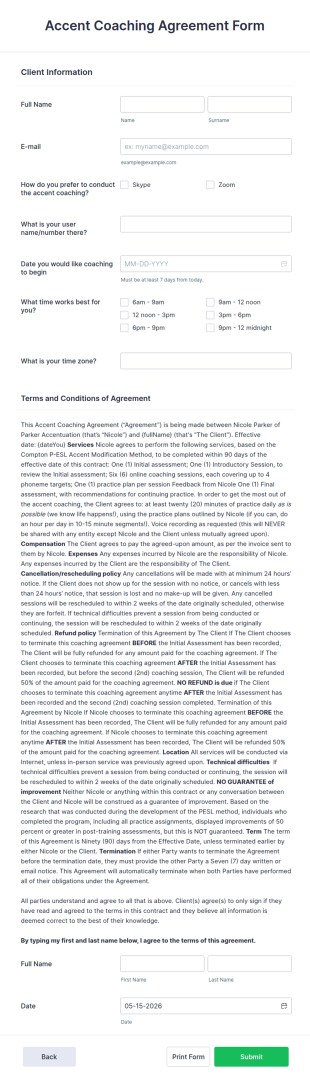 Accent Coaching Agreement Form Template