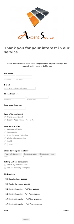 Source Appointment Setting Service Form Template