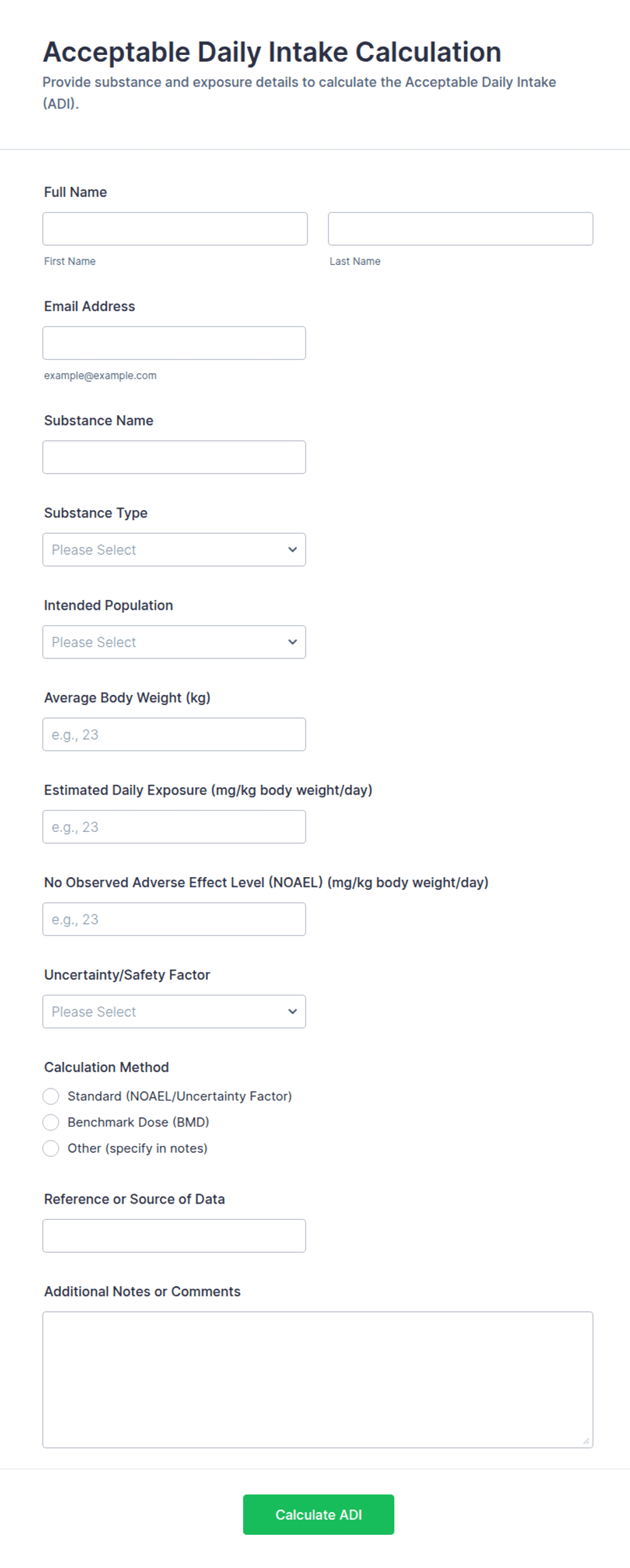 Acceptable Daily Intake Calculation Form Template | Jotform