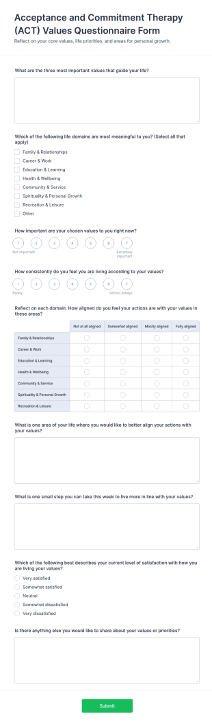 Acceptance And Commitment Therapy (ACT) Values Questionnaire Form Template