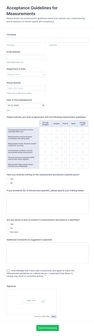 Acceptance Guidelines For Measurements Form Template