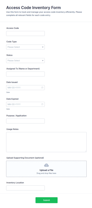 Access Code Inventory Form Template