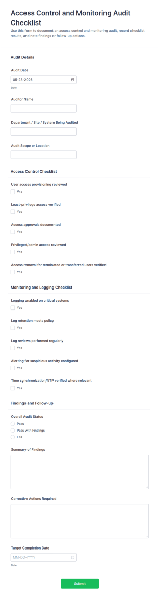 Access Control And Monitoring Audit Checklist Form Template