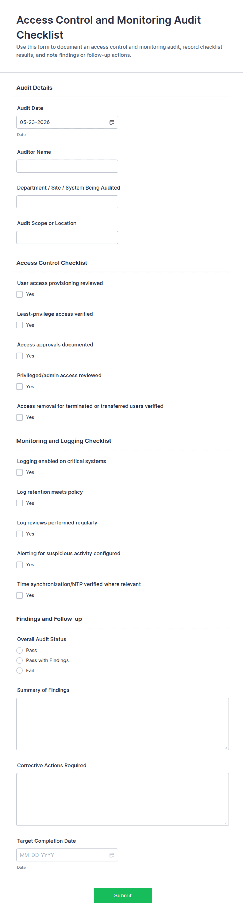 Integrator Access Control Checklist Access Control and Monitoring Audit Checklist Form Template | Jotform