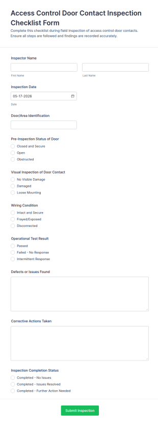 Access Control Door Contact Inspection Checklist Form Template
