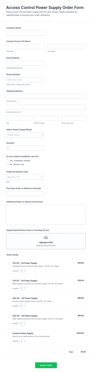 Access Control Power Supply Order Form Template