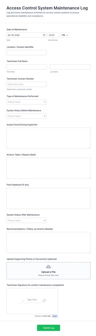Access Control System Maintenance Log Form Template