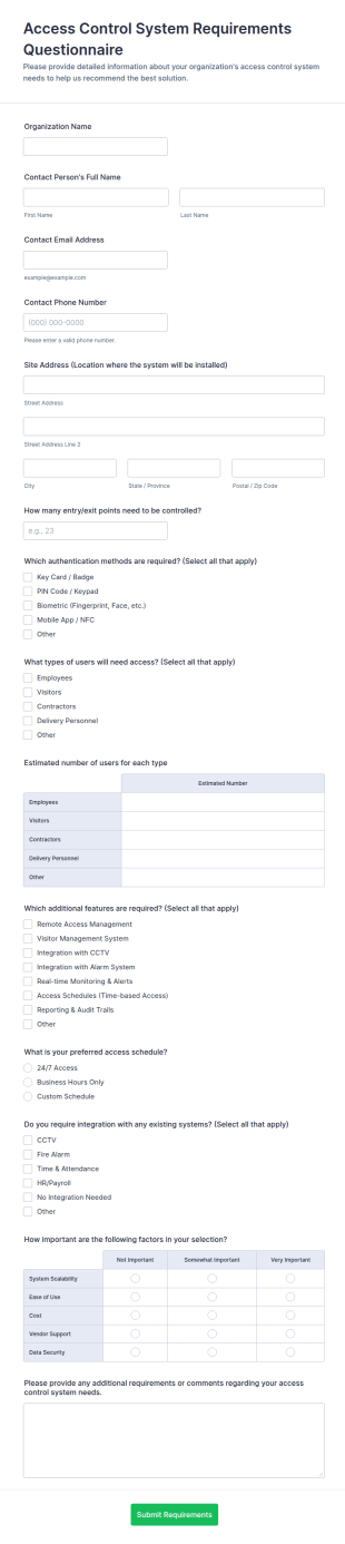 Access Control System Requirements Questionnaire Form Template