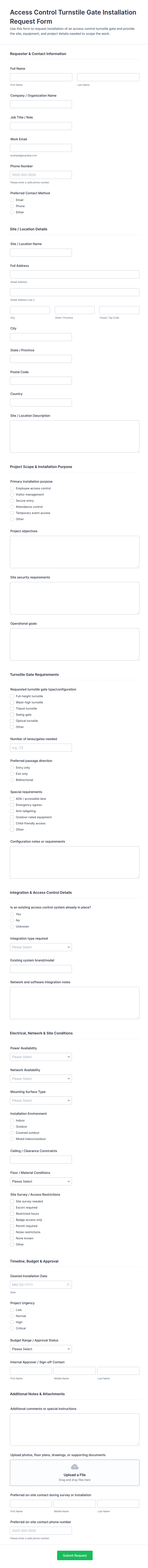 Access Control Turnstile Gate Installation Request Form Template | Jotform