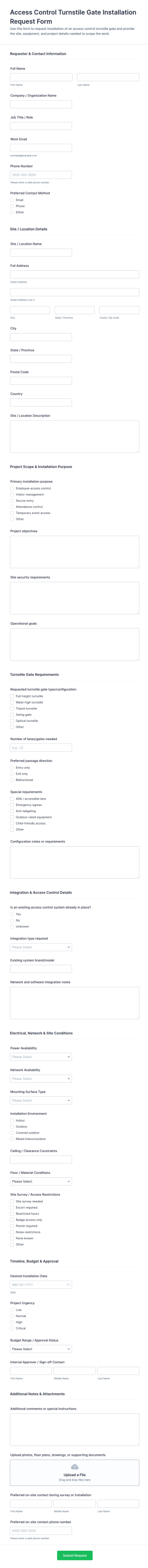 Access Control Turnstile Gate Installation Request Form Template