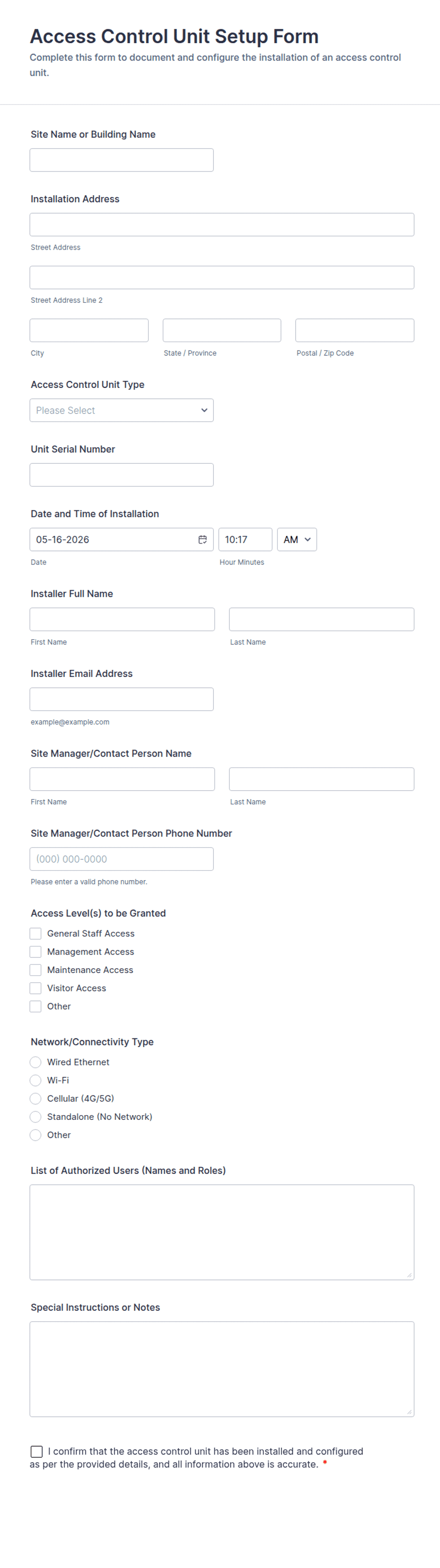 Attachment Control Number Form.pdf Access Control Unit Setup Form Template | Jotform