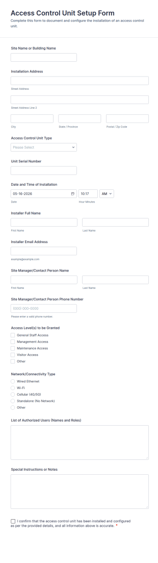 Access Control Unit Setup Form Template