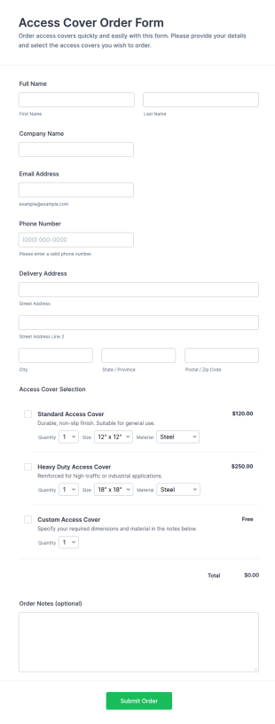 Access Cover Order Form Template